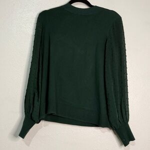 CeCe Forest Green Crew Neck Sweater w/dotted swiss chiffon sleeves. Sz M.